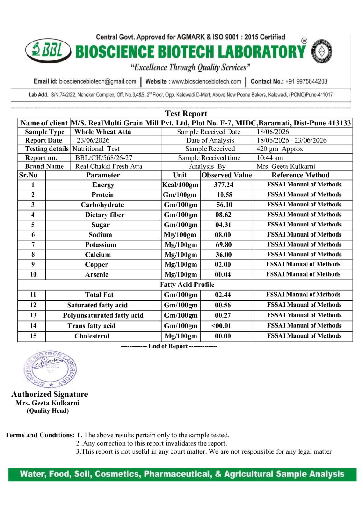 Laboratory test report for Real Sharbati wheat atta