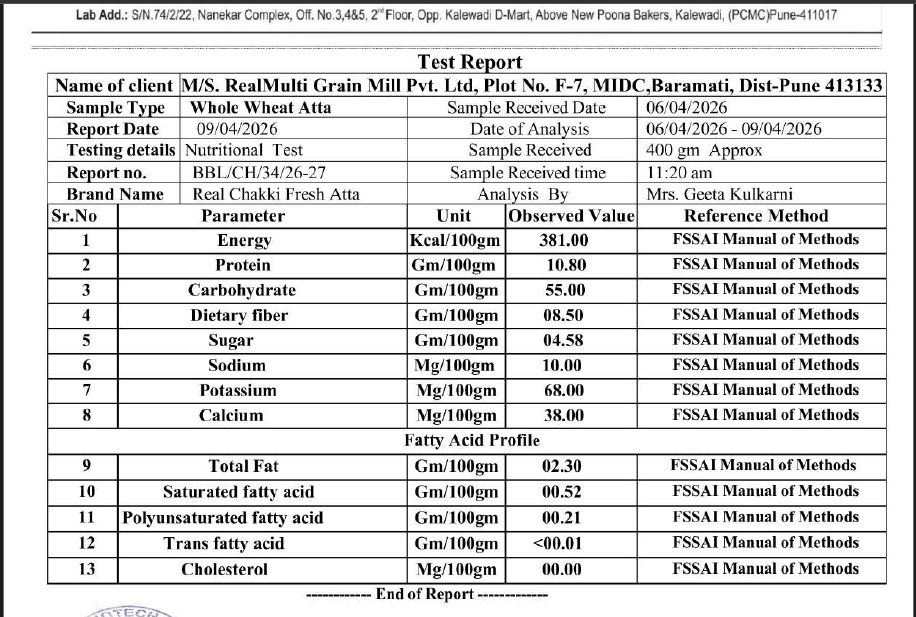 Laboratory test report for Real regular wheat atta